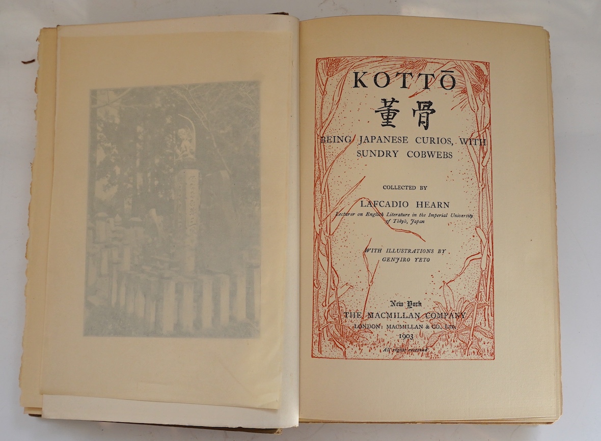 Hearn, Lafcadio - Glimpses of Unfamiliar Japan. 2 vols. publisher's gilt cloth with gilt tops. Kegan Paul (etc.), 1905; Hearn, Lafcadio - In Ghostly Japan. 4 plates and some text; publisher's gilt cloth with gilt top. Ke